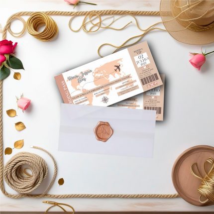 Convite de Casamento em formato de Bilhete Boarding pass. Tema Viagens