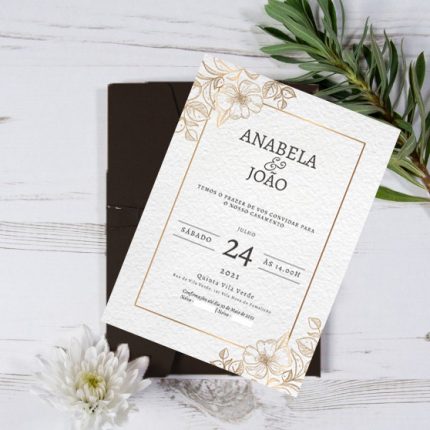 Convite de Casamento elegante com motivos florais dfourados