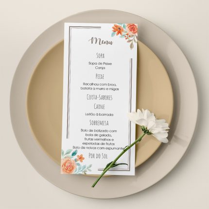 Ementa de Casamento glamour, elegante e floral