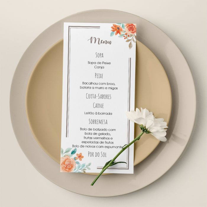 Ementa de Casamento glamour, elegante e floral