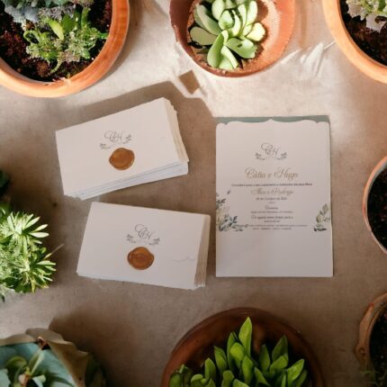 Convite de casamento floral com selo de cera quente