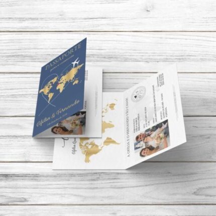 Convite de casamento em formato de passaporte com design elegante. Tema Viagens