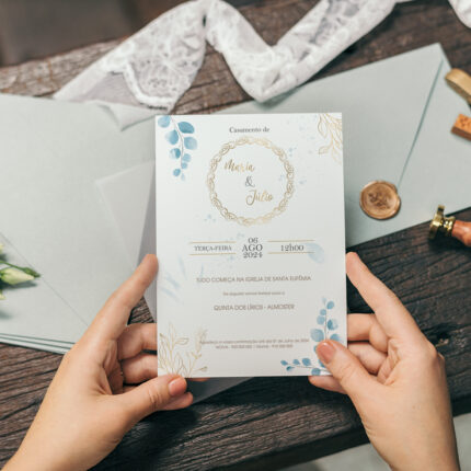 Convite de Casamento elegante em tons de azul e dourado